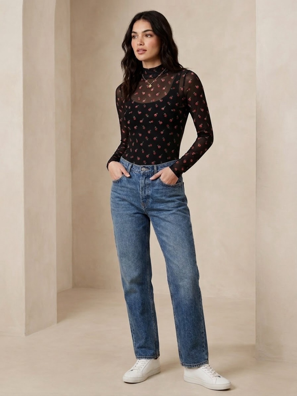 Hollister Mesh Floral Lined Bodysuit Small Stretch Long Sleeve mock neck